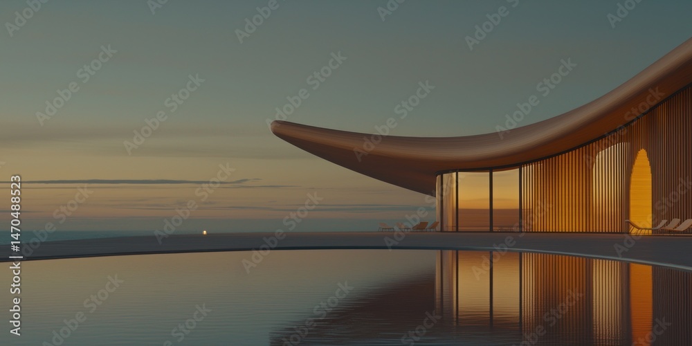 Poster a modern building with a reflecting pool and a sunset