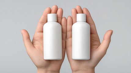 A pair of hands holding blank white bottles for skincare or lotion, isolated on a white background