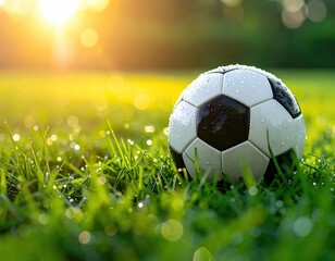 Fototapeta premium Sunlit dewy soccer ball on lush green field at sunrise