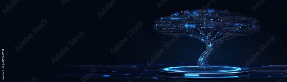 Poster A digital glowing tree representing technology within a dark background