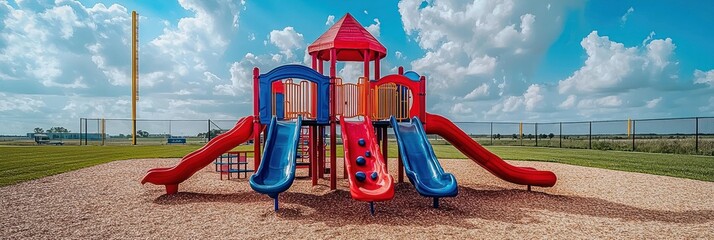 Vibrant playground set under a sunny sky, featuring multiple slides and climbing structures, situated on a wood-chip surface.  Baseball field in background
