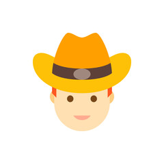 Cartoon depiction of a person wearing a yellow cowboy hat with a brown band and a gray buckle design