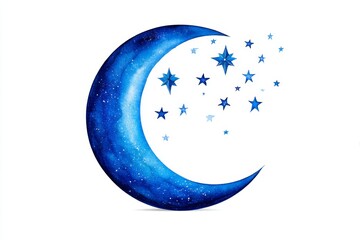 Celestial Crescent and Stars - Watercolor painting of a blue crescent moon with sparkling stars, perfect for dreamy, celestial designs