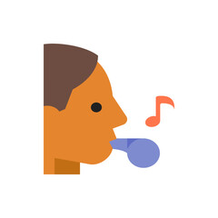 Illustration of a person blowing a whistle with a musical note floating nearby on a white background