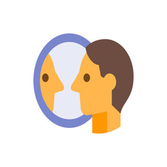 Illustration of a person looking at their reflection in a round mirror with a blue frame and white center