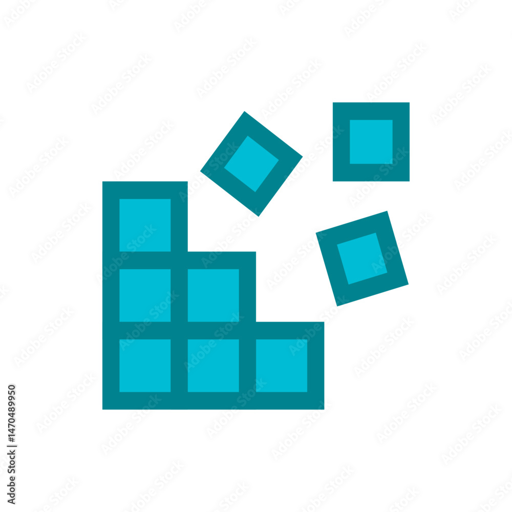 Poster a teal geometric structure with square blocks and several detached floating square shapes around it 
