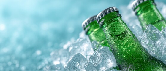 Chilled refreshment green glass bottles amidst ice cubes