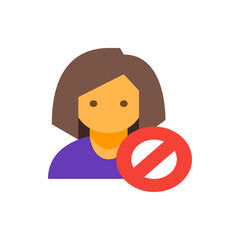 Illustration of a person with brown hair and a purple shirt with a red prohibition sign overlaying it