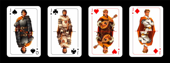 A set of playing cards jacks of different suits in an original cartoon style. Jacks of cards of different suits with images of young warriors. Vector illustration