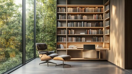 Modern home office with library, forest view