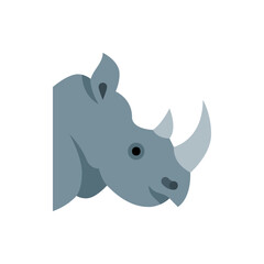Illustration of a grey rhinoceros head with two horns and a small ear on a white plain background