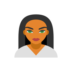 Illustration of a woman with tan skin, long black hair, green eyes, and a white shirt, facing forward