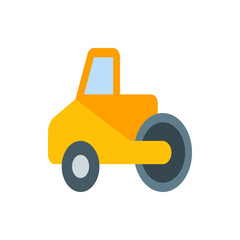 An illustration of a yellow road roller with a gray roller and small wheel on a white background view