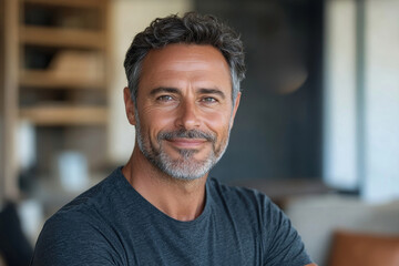 Smiling handsome middle aged 50s single man looking at camera standing at home, happy satisfied confident senior mature european male model posing indoors for close up face headshot