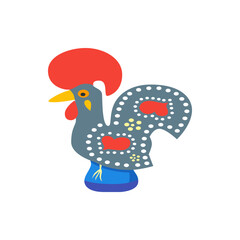 Illustration of a portuguese rooster with red crest and tail decorated with white dots and red hearts