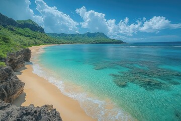 Obraz premium Tropical beach with turquoise water and lush green coastline