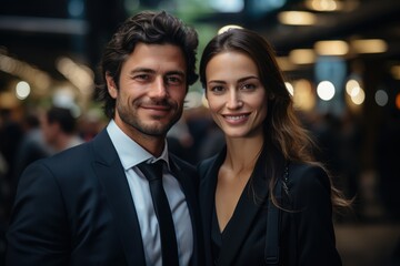 Charming young man in suit standing with elegant woman