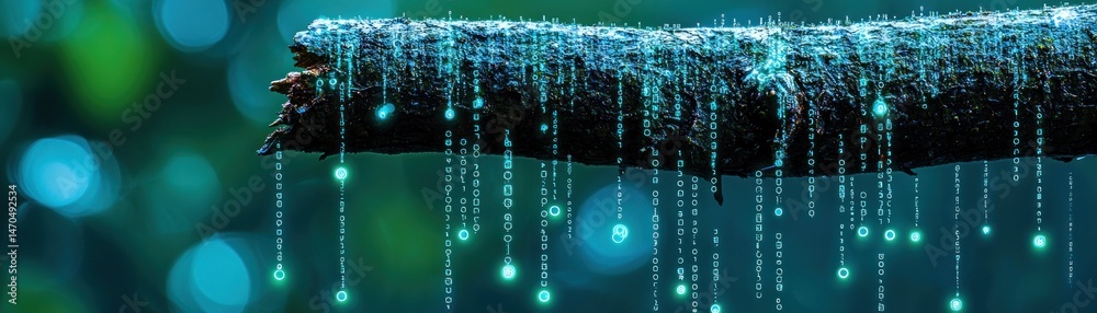 Poster a tree branch covered in glowing green digital lines