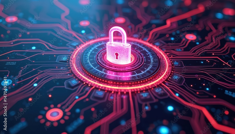 Aufkleber digital cyber security concept illustration. glowing padlock represents data protection, network saf