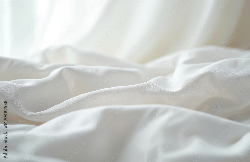Aufkleber Close-up of white fabric sheet curtain folded revealing texture shadow. Subtle variations add depth image. Soft light, smooth surface, interior decor concept. Textile, material, background.