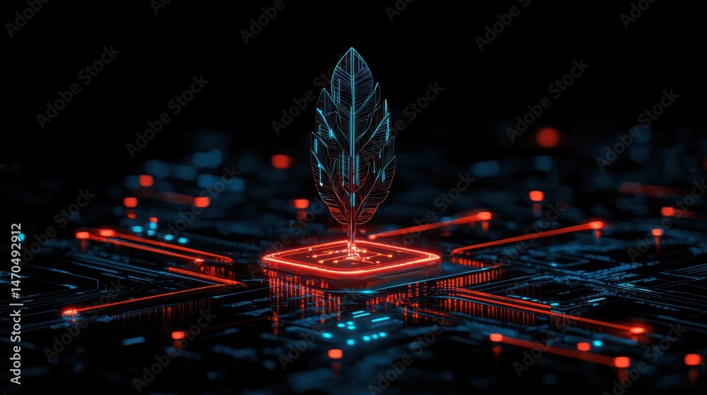 Poster a glowing neon feather symbol positioned over a circuit board