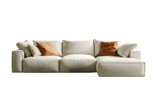 Off-white sectional sofa with burnt orange pillows, modular design, clean lines, and plush cushions