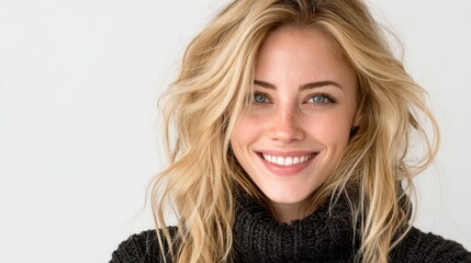 A beautiful blonde woman smiling warmly, isolated on a clean white background
