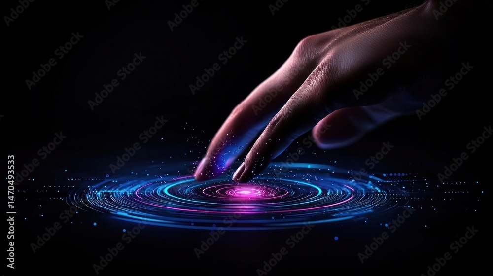 Poster a human hand interacting with a technological abstract glowing display