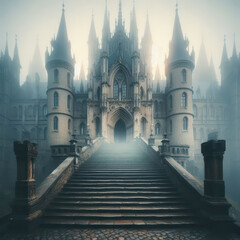 Fototapeta premium Mystical castle emerges from the mist as dawn breaks over an enchanted landscape in a serene atmosphere