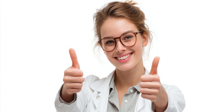 A smiling female teacher showing a thumbs-up and an ok sign, isolated on a white background