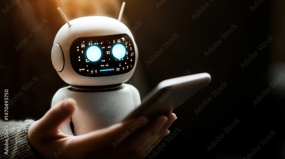 Poster A small robot with a screen interacts with a handheld device