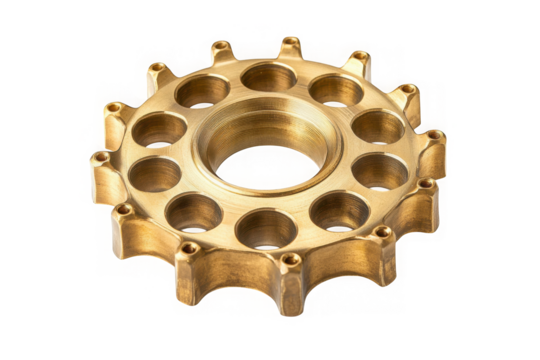 Golden cogwheel with holes on transparent background