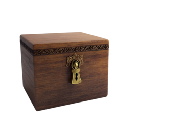 Wooden box with decorative lock on white background. Space for text.