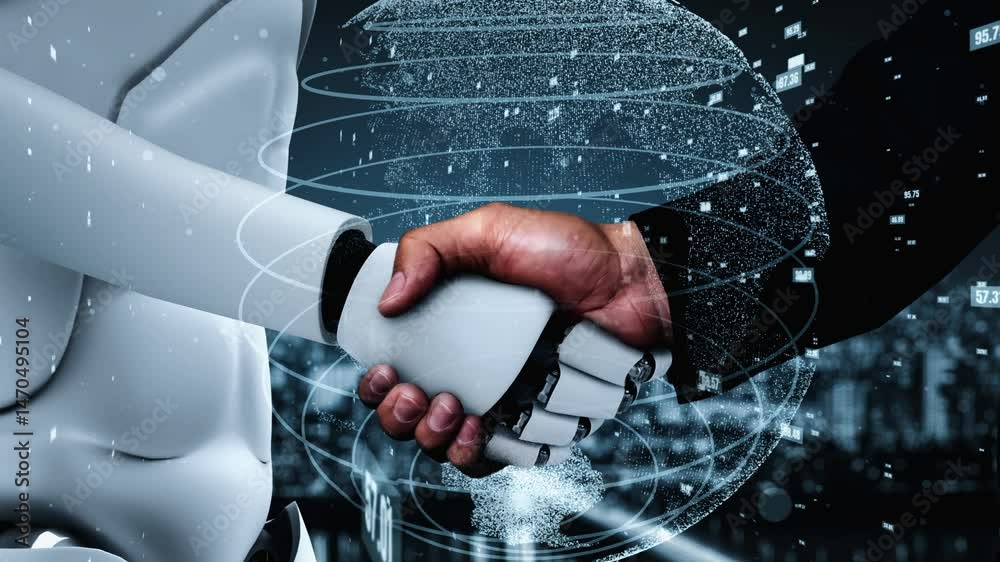 Poster futuristic robot artificial intelligence huminoid ai data analytic technology development and machin