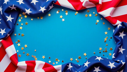 Obraz premium Red, white, and blue festive decoration with star confetti on a bright blue background