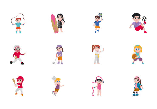 Colorful Children Activity Physical Healthy Exercise Icons Set