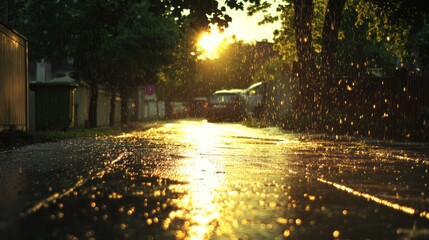 Golden sunlight illuminates a wet street after a summer shower.