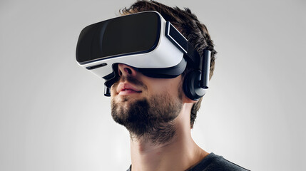 A man wearing a white and black virtual reality headset against a light gray background in a studio shot