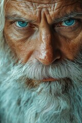 Intense portrait of an elderly man with a long beard  and blue eyes