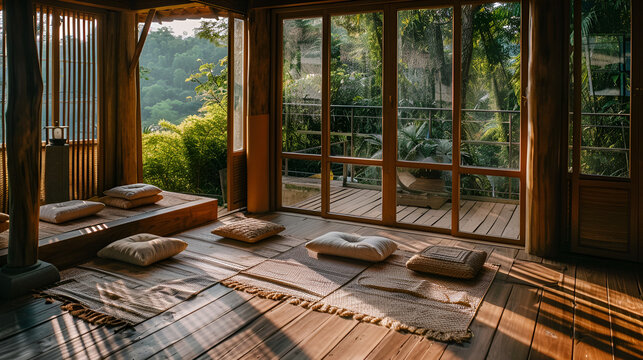 Interior view of a wooden meditation space with cushions and a view of lush greenery outside the windows