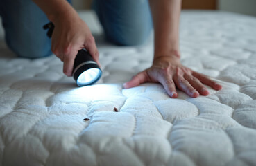 Person inspects mattress for bedbugs with flashlight. Home inspection pest control concept. Health hygiene care prevention, infestation safety in bedroom, cleaning problem. Worry about residence.