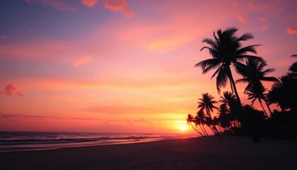 Vibrant tropical sunset with palm trees silhouetted against a colorful sky on a beach