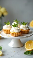 Lemon meringue tarts with white chocolate, mint leaves on white serving platter. Fresh dessert tartlets, delicious baked goods, perfect treats for tea. Ideal for bakery, cafe, dessert recipes, food