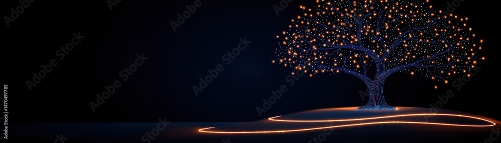 Poster a digitally created glowing tree stands against a dark background