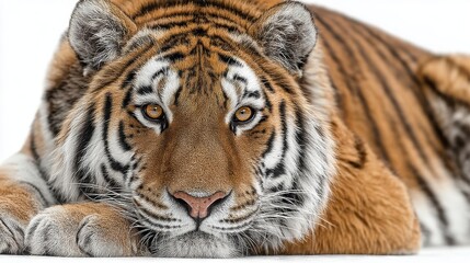 Fototapeta premium A close-up of a majestic tiger, showing its powerful face, isolated on a white background