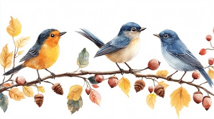 Fototapeta premium Exquisite Birds Perched on Watercolor Branch - Vibrant Avian Illustration