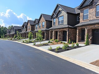 Row of identical brick townhouses on a paved road, landscaped with trees and shrubs, under a sunny sky