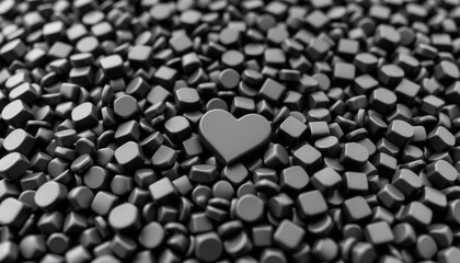 Minimalist Black Heart Surrounded by Geometric Cubes – 3D Render