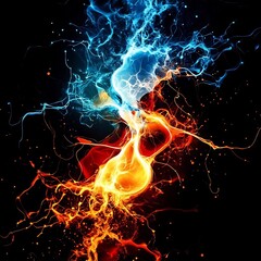 Dynamic interplay of cool blue and warm orange energy on stark black backdrop