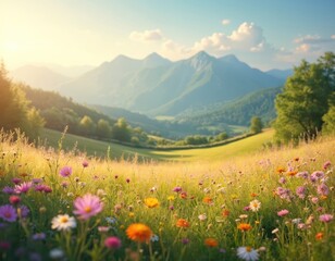 Fototapeta premium Idyllic dream landscape with mountains, green hills, golden meadow, and colorful flowers. Sunlight, nature, fantasy, magic, light, bright, summer, atmosphere, peaceful, open space.